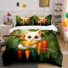 Cute Cat and Banana Bedding Set,White Kitten Hanging with Carrots and Parrot Print Duvet Cover+ 2 Pillowcases,Funny Kids Decor