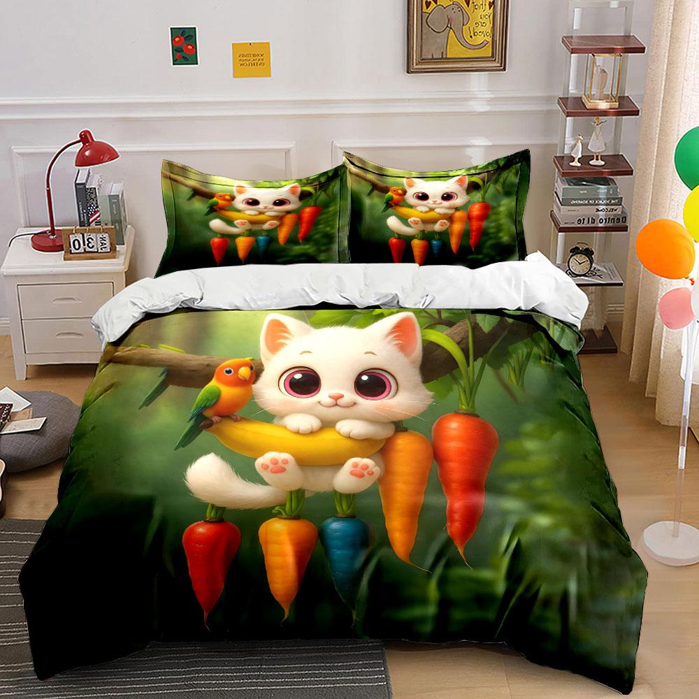 Cute Cat and Banana Bedding Set,White Kitten Hanging with Carrots and Parrot Print Duvet Cover+ 2 Pillowcases,Funny Kids Decor