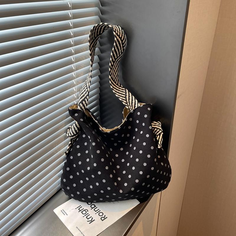 Polka Dot Corduroy Shoulder Bag Casual Hobo Tote with Striped Strap Large Capacity Handbag