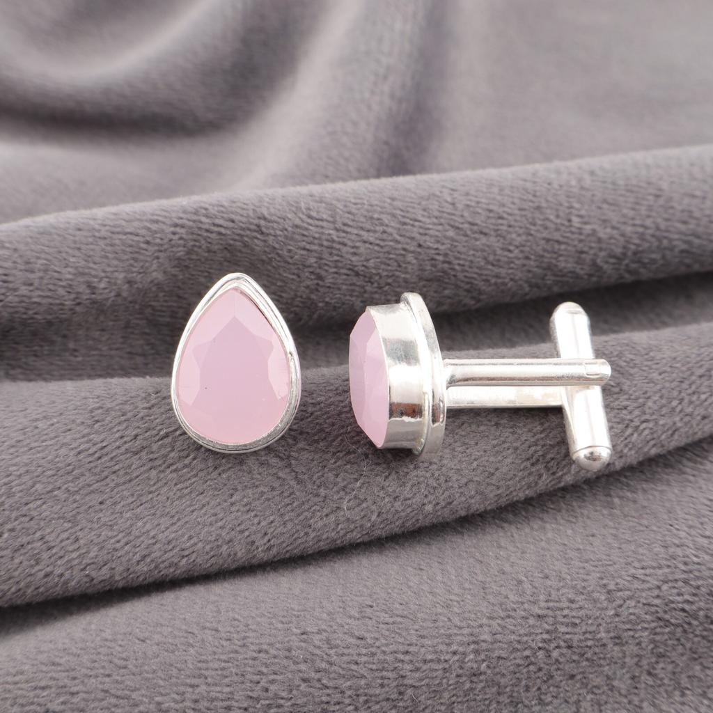Rose Chalcedony Gemstone 925 Sterling Silver Jewelry Handcrafted Cufflinks 0.66" CL-6-20