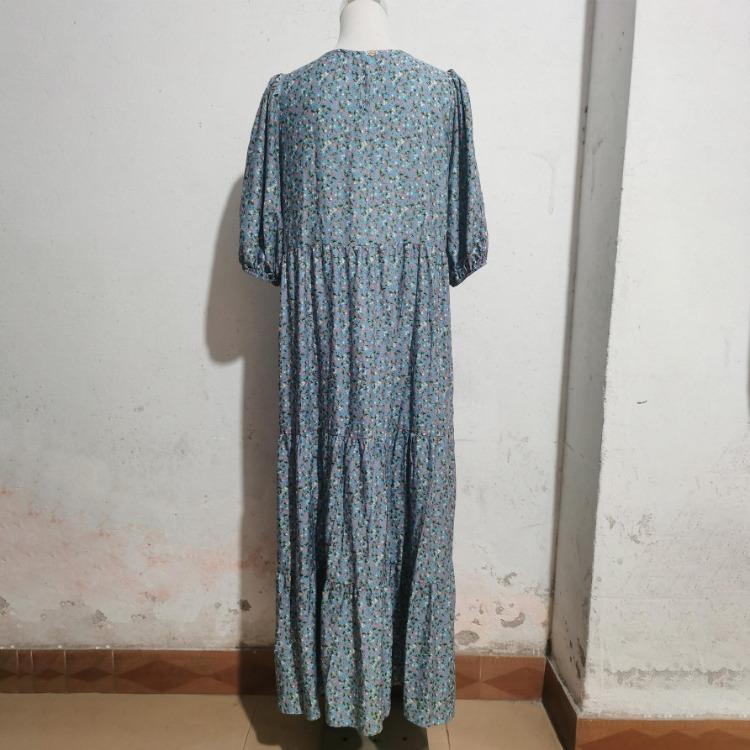 Women Summer Casual Floral Print O Neck Dress High Waist Loose Large Size Ankle Length Middle Long Sleeve Spring Dress