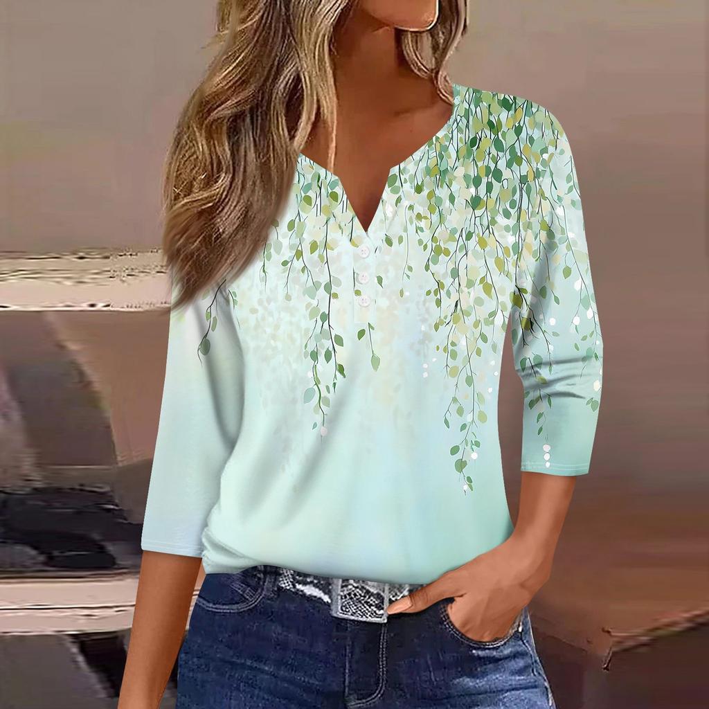 Damen T-Shirt mit Aufdruck, Knopfleiste, 3/4-Ärmel, für den Alltag, Wochenendmode, Basic, V-Ausschnitt, normales Oberteil