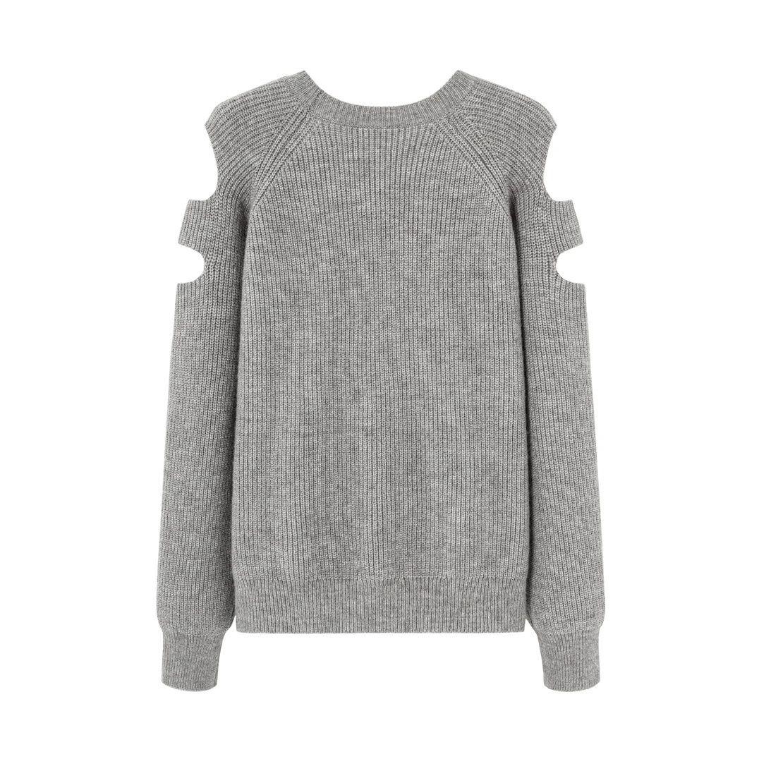 

Повседневный свитер, пуловер, женский зимний осенний дизайн, с рваными рукавами и круглым вырезом, однотонный вязаный свитер, пуловер, женский топ One Size серый