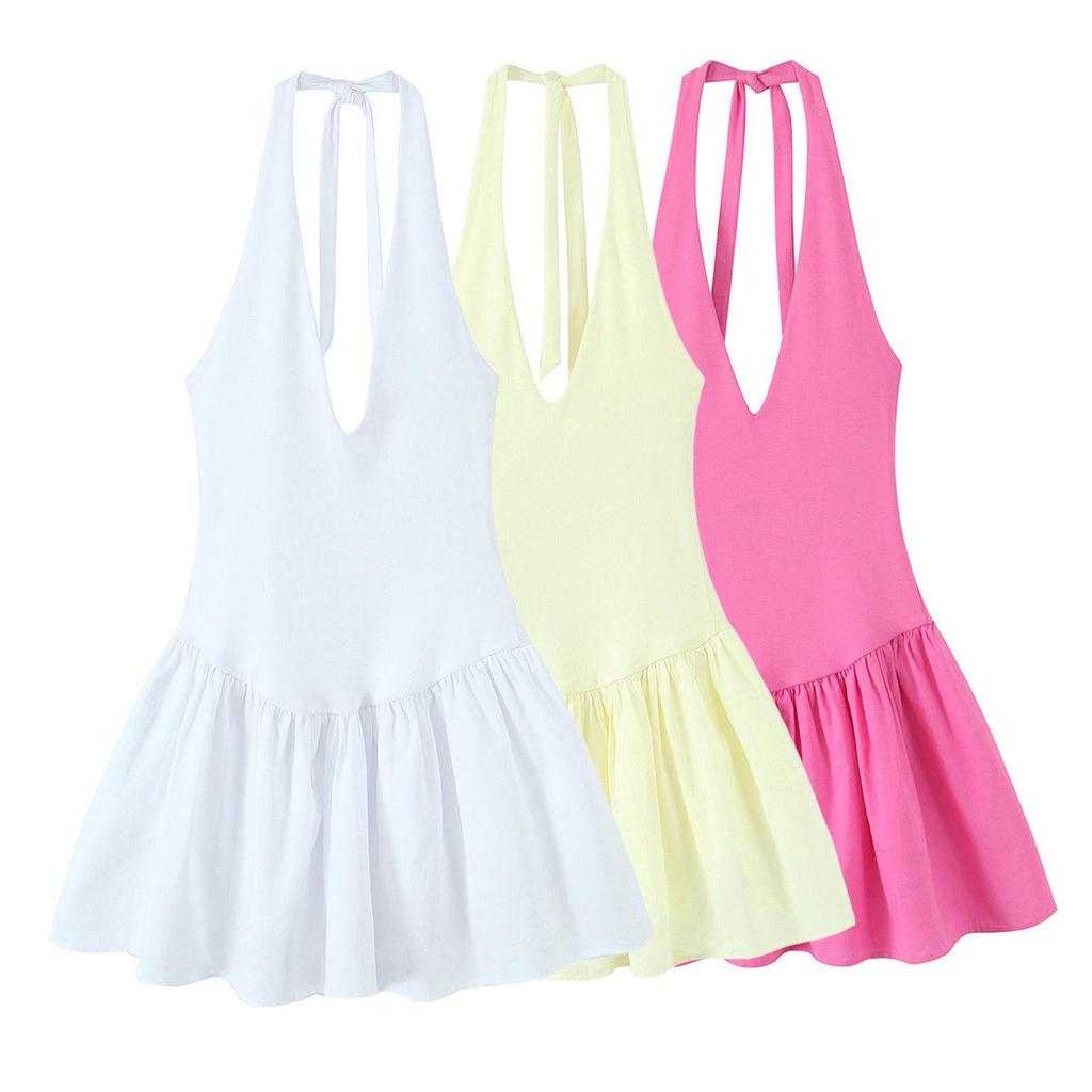 2025 Summer Women's Slim Pleated Patchwork Halter V-Neck Dress