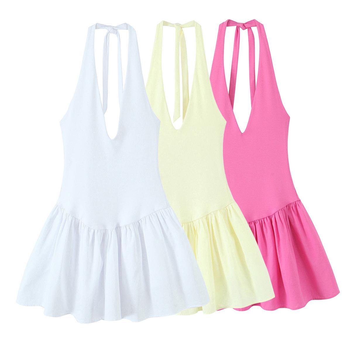 

2025 Summer Women s Slim Pleated Patchwork Halter V-Neck Dress Small белый