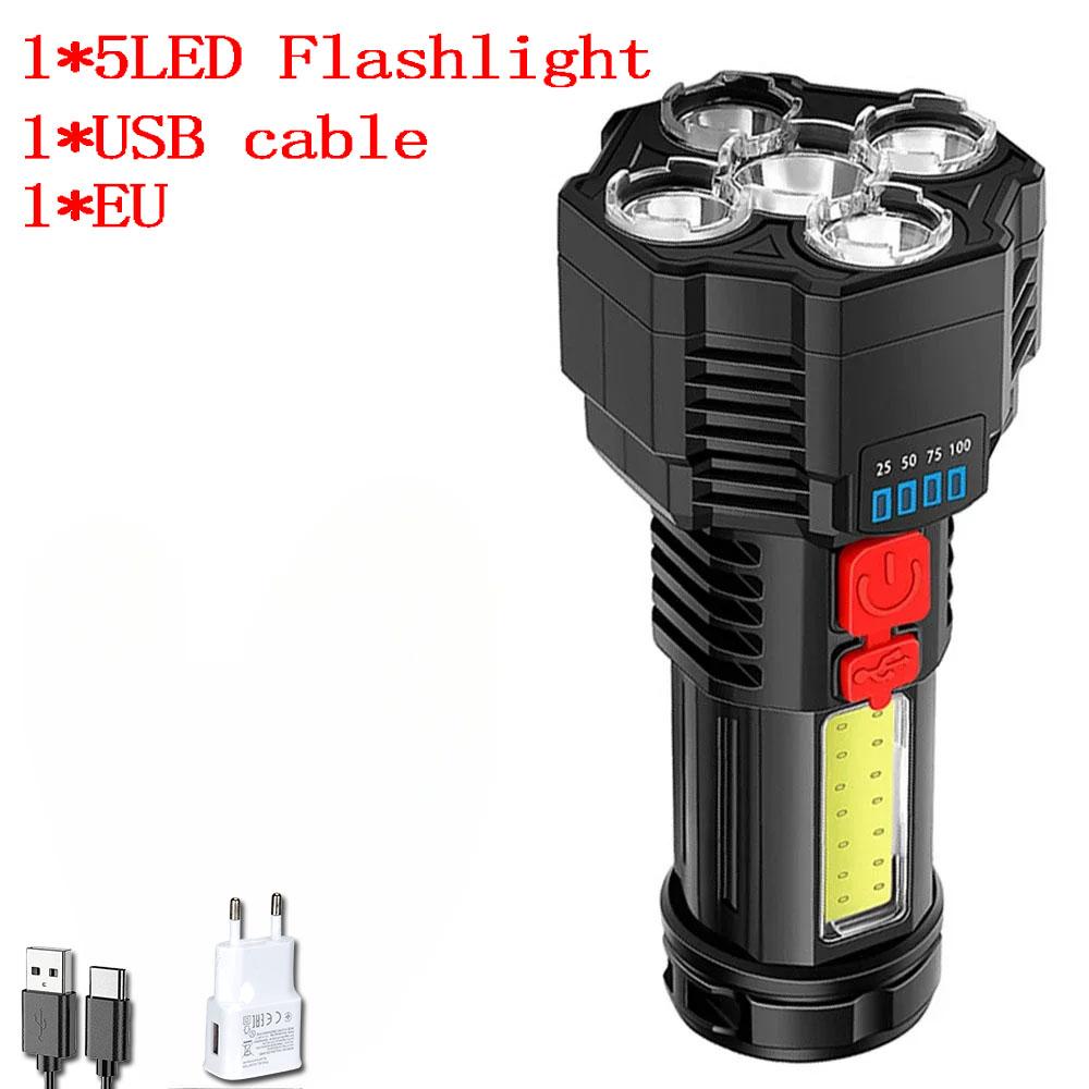 High Power LED Flashlights Camping Torch With 5 Lamp Beads And COB Side Light Rechargeable Portable Hand Lantern 3 Lighting Mode