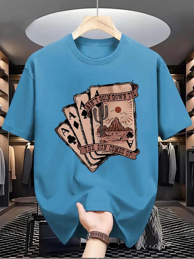 Men'S Casual Crew Neck T-Shirt with Playing Card Graphic,  Knit Fabric, Slight Stretch, Regular Fit, Summer Top for Daily Wear