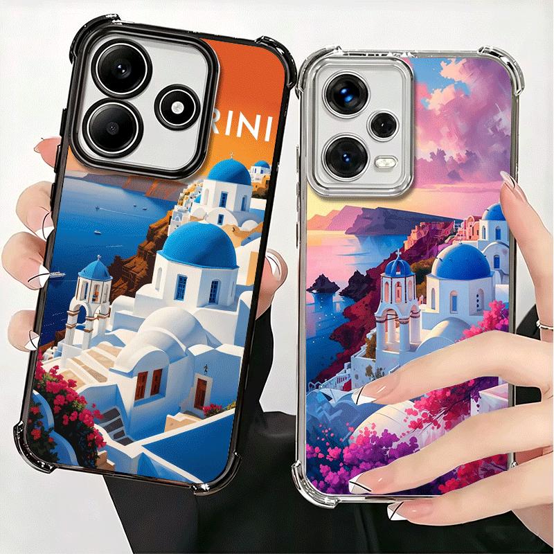 Santorini Greece Summer Plating Phone Case For Xiaomi Redmi Note 14 15 Pro Plus 13 12 11 11S 11T 10 9S 9 5G Anti-Fall Airabag Co