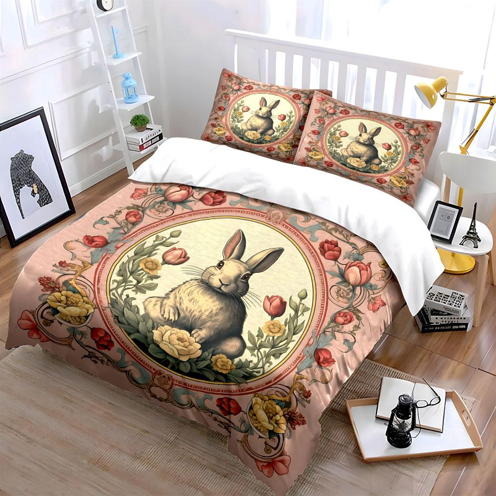 3Pcs Retro Floral Bunny Illustration Duvet Cover Set With 3D Printing Design Soft Polyester Bedding Set All-Season Comfort