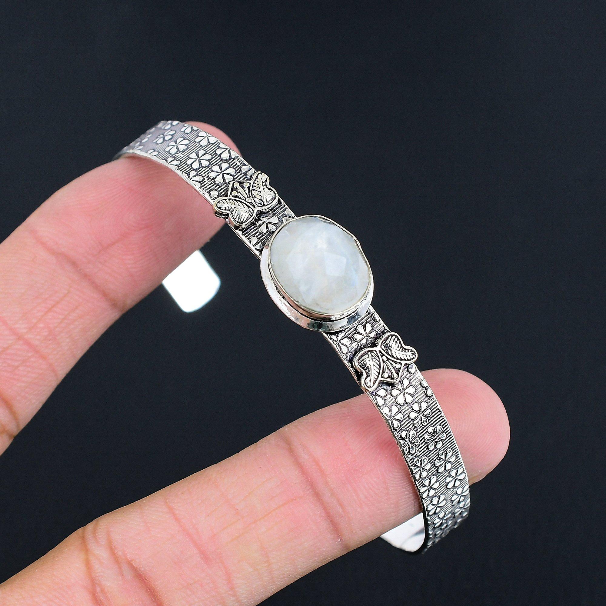 

Браслет-бенгл из стерлингового серебра 925 пробы с камнем лунный камень-радуга в этническом стиле для матери и свадьбы Adjustable