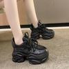 Black Women Chunky Leather Sneakers High Platform Ulzzang Sports Shoes New 2025 Autumn Thick Bottom Women's Wedge Casual Shoes