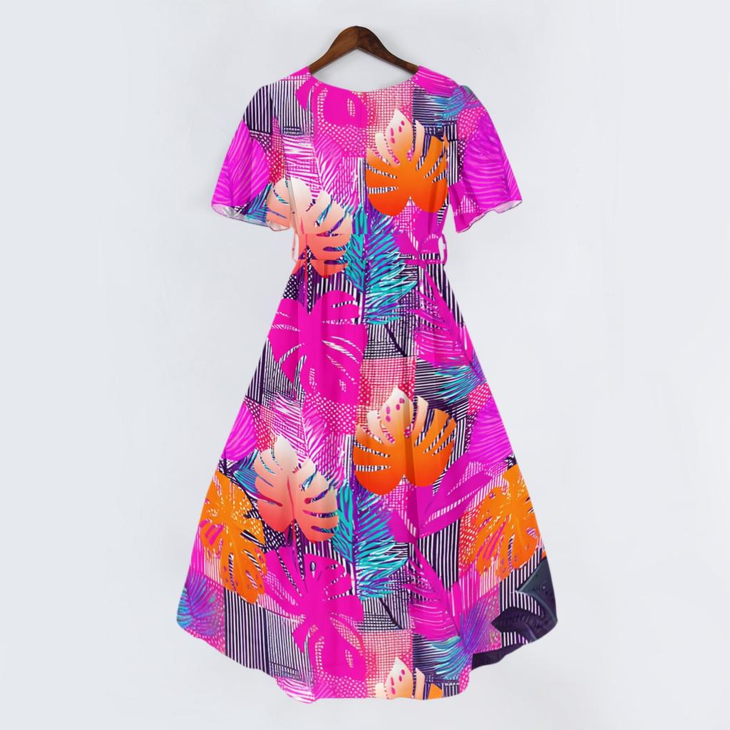 Vestido Casual de Mujer con Cuello en V de Manga Corta, Estampado Floral Vintage, Largo hasta la Rodilla, Ligero para Verano, con Falda Acampanada y Corte Relajado