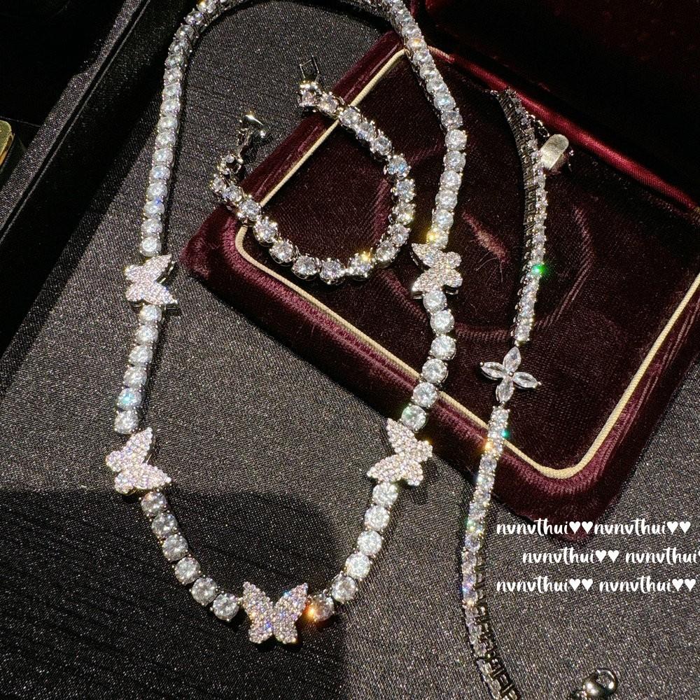 Italian Vintage Butterfly Gem Necklace Vintage Sparkling, Flower Sugar Cube Zircon Bracelet Set