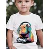 European Sizes Summer Boys' Fashion Short-Sleeve T-Shirt with Capybara Cartoon Print Playing Video Game with Headphones, Outdoor Casual Top