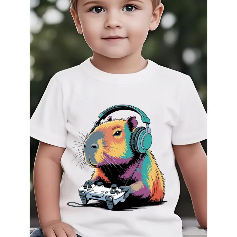 European Sizes Summer Boys' Fashion Short-Sleeve T-Shirt with Capybara Cartoon Print Playing Video Game with Headphones, Outdoor Casual Top