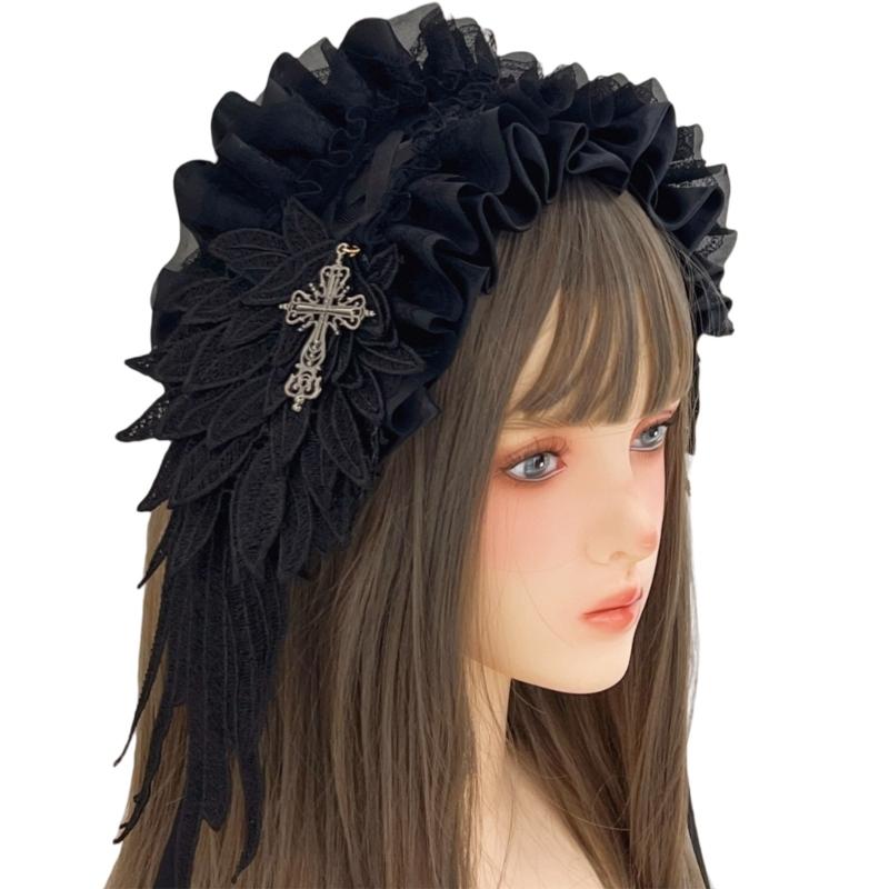 Elegant Black Gothic Headband Featuring Intricate Lace Patterns And Ornate Metal Crosses Charm Gothic Lace Hair Accessory