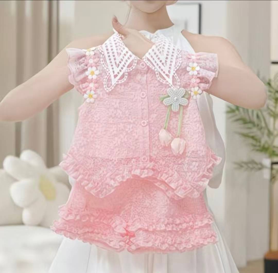 Summer Girls Sweet Embroidered Top And Lace Trim Shorts Set Cute Baby Two Piece Outfit 80cm