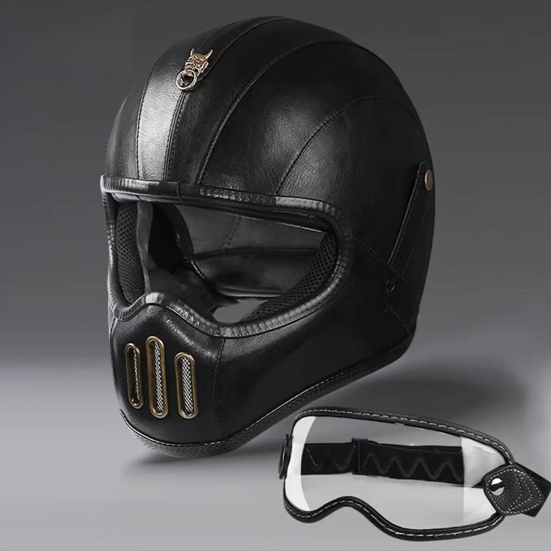 Tokyo Style Motorcycle Black Leather Full Face Retro Helmet Motorcycle Casco Moto Japan TT Helmets Fiberglass With Visor