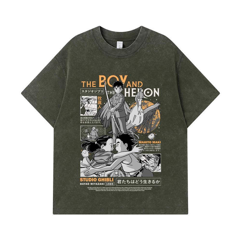 

275 GSM Washed T-shirts 100% Cotton Ghibli V3 The Boy The Heron Print Unisex Heavy Cotton T Shirt S армия зеленый