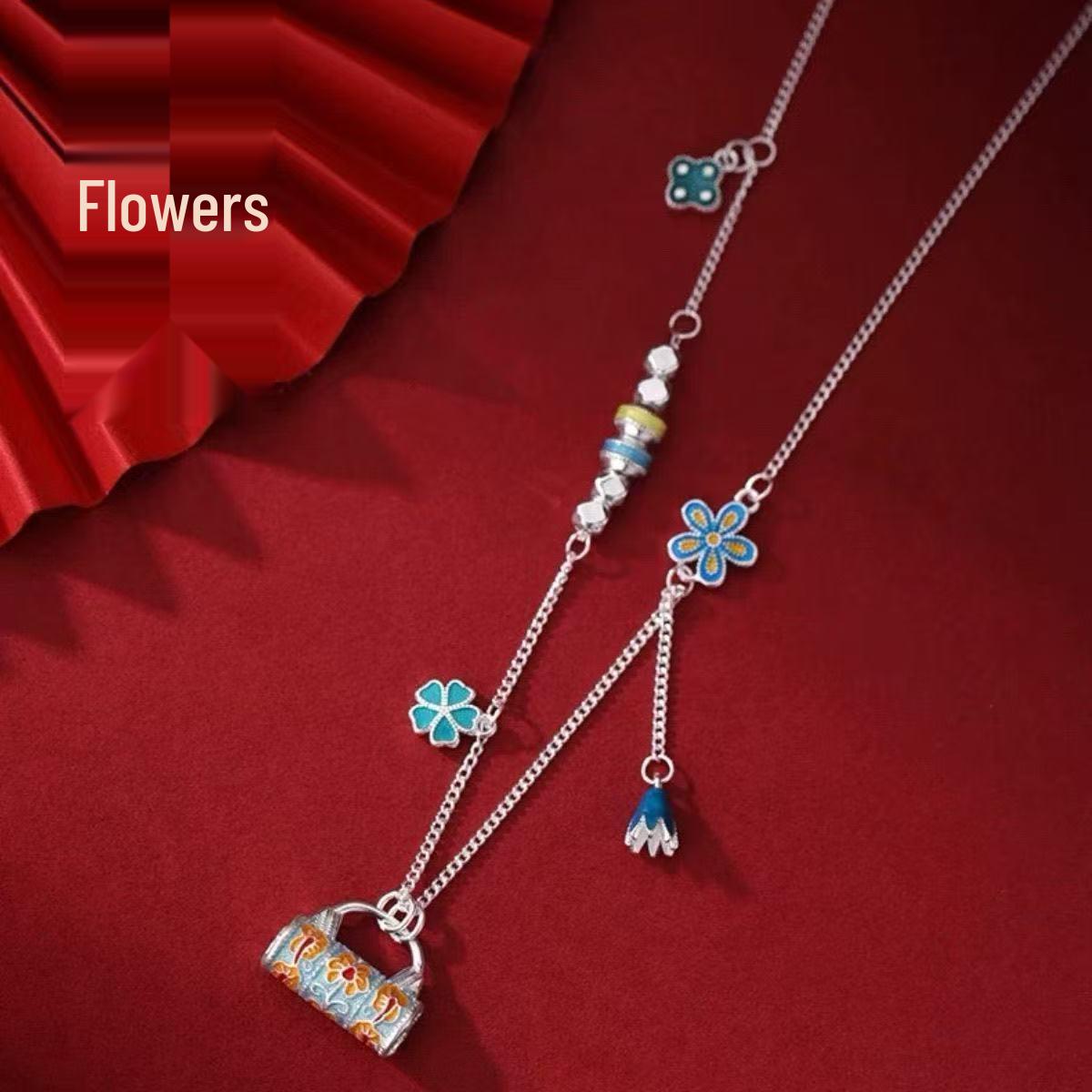 Серебряный эмалированный цветочный кулон на цепочке - Легкая роскошь в китайском стиле Праздничный подарок 999 Sterling Silver