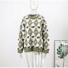 Contrast Jacquard Round Neck Sweater Women's Fashion All-match Green Sweater Diamond Style Sweater Women's Soft Skin-friendly Pullover