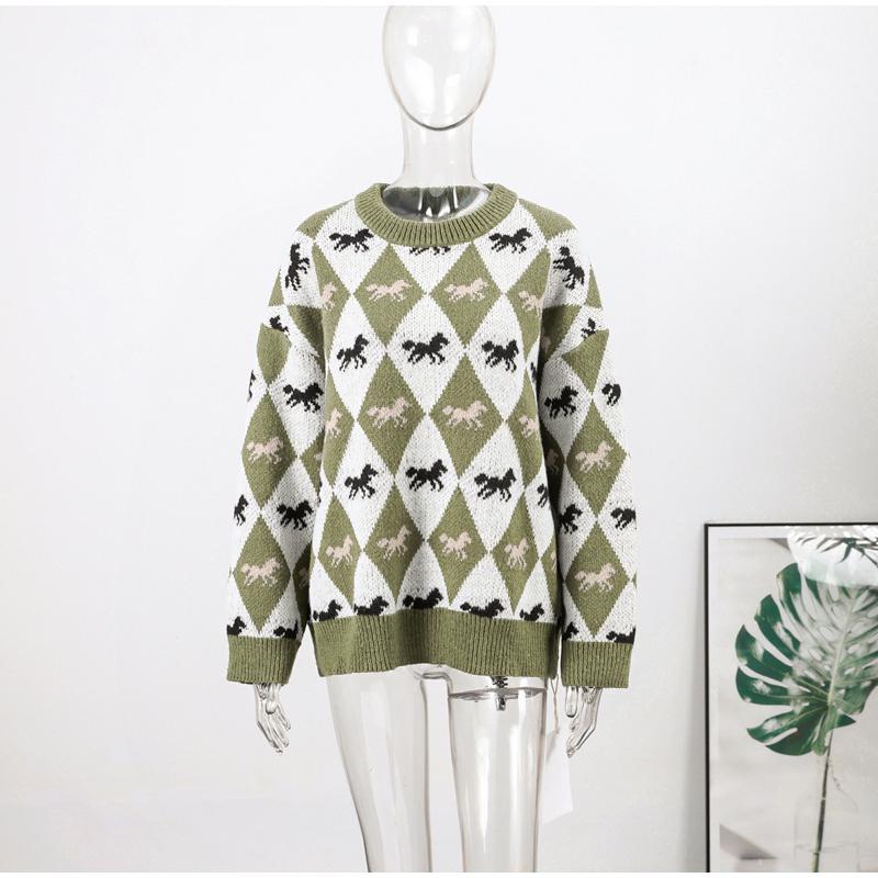 Contrast Jacquard Round Neck Sweater Women's Fashion All-match Green Sweater Diamond Style Sweater Women's Soft Skin-friendly Pullover