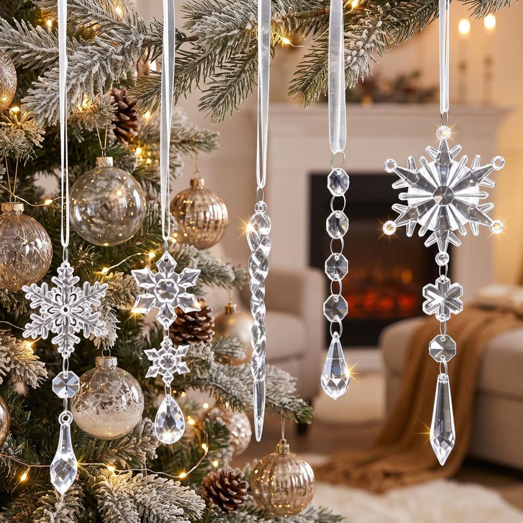 10 Pack Plastic Christmas Tree Ornaments Transparent Icicle and Snowflake Hanging Holiday Decorations