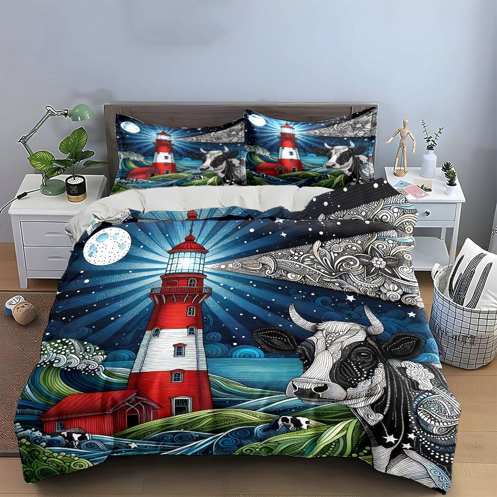 "Artistic Lighthouse Cow Decoration Set" Bedding Set with 1 Duvet Cover 2 Pillowcases Single Double King Queen, Gift