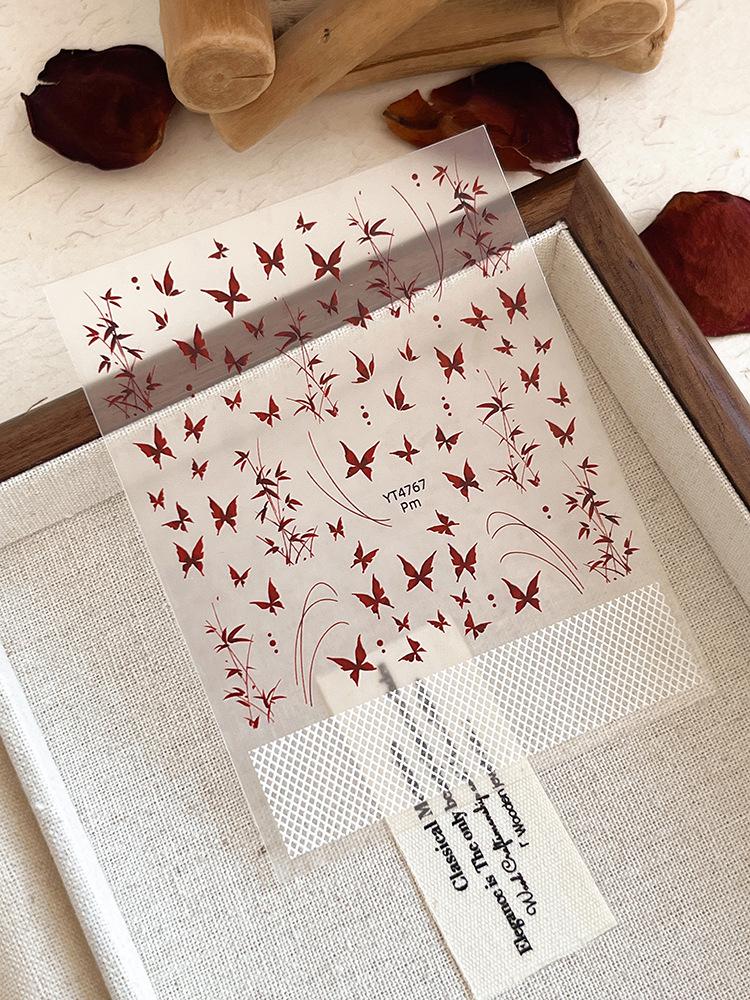 

YITU Elegant Dark Red Butterfly and Leaf Plaid Nail Stickers YT4767