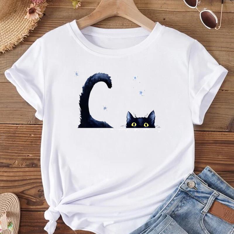European Size T Shirt Women Cat Face Style Trend 90s Print Tee Top Fashion Female Clothing Short Sleeve Graphic T-shirts