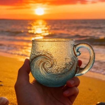 Ozeanwellen Glasbecher 12oz Handgefertigtes Küstenglas für Kaffee Tee Cocktails Spülmaschinenfest Kunst Kaffeetasse Geschenk für Naturliebhaber