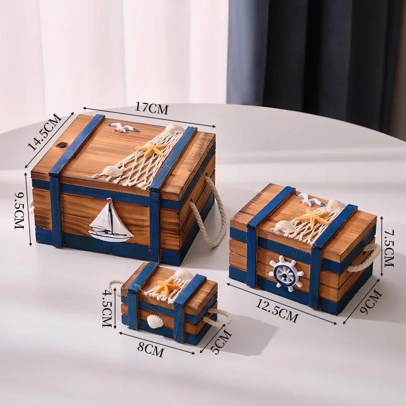 Decorative Keepsake Chest - Set of 3 Jewelry Storage Box Antique Wood Storage Boxes with Rope Pulling and Shell Decoration