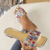 Fashion Colorful Rhinestone Flat Sandals for Women Summer Square Toe Beach Slippers Woman Gold Silver Gemstone Decoration Fashion Slides