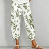 Women Plus Size White Green Floral Printed Loose Cropped Pants Cross Hem With Pockets