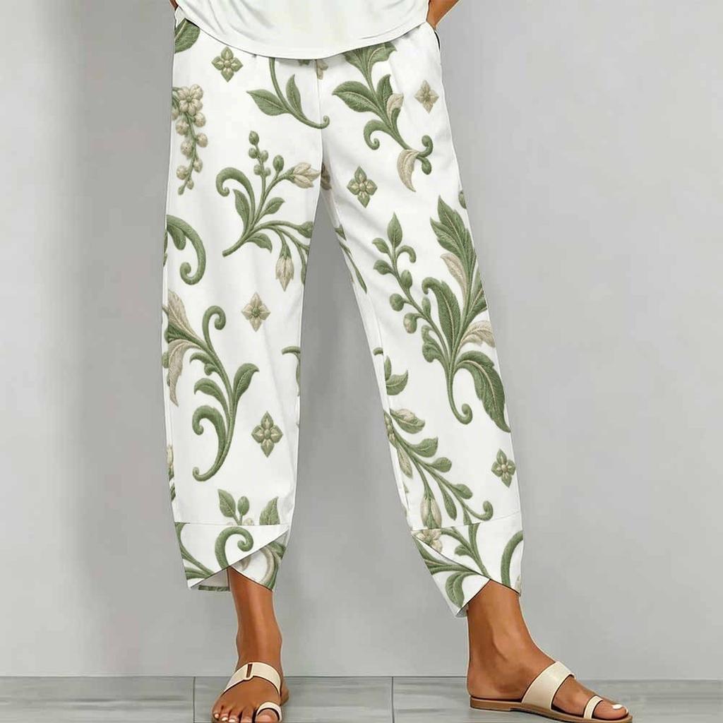 Women Plus Size White Green Floral Printed Loose Cropped Pants Cross Hem With Pockets