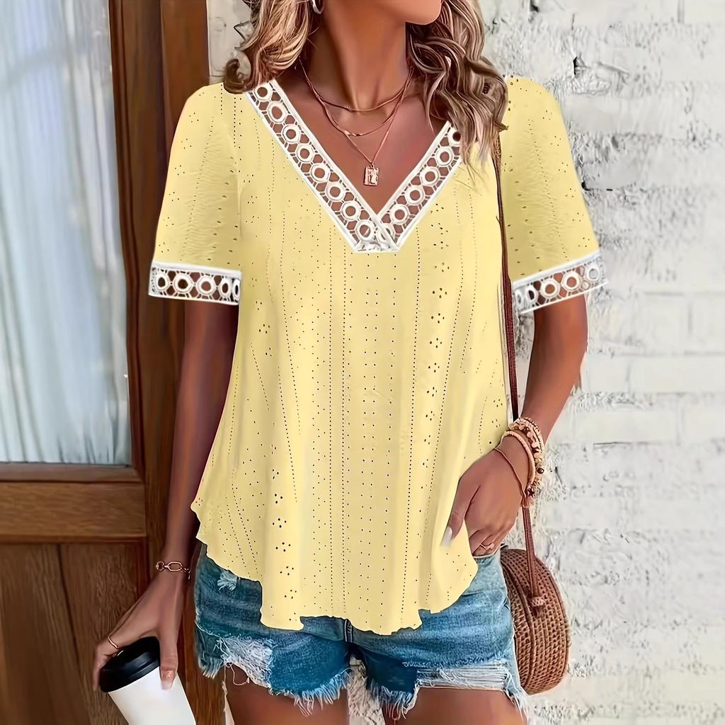 2026 Women's Spring/Summer Elegant Fashionable Comfortable Jacquard Short-Sleeve V-Neck Lace Trim T-Shirt Top