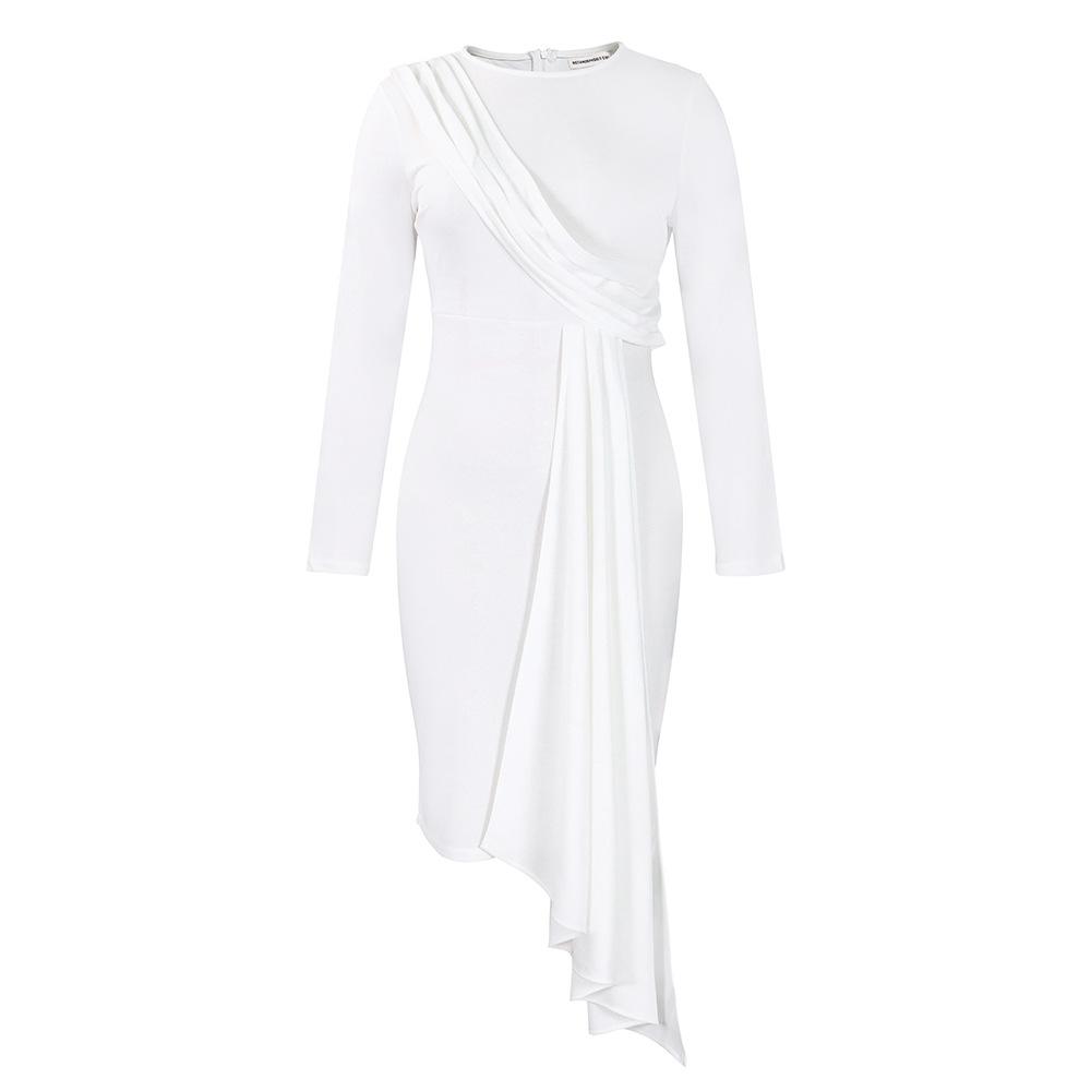 Large Size Women Spring Autumn Fashion Round Collar Long Sleeves Pencil Dress Ladies Elegant One Piece Solid Sheath Dress