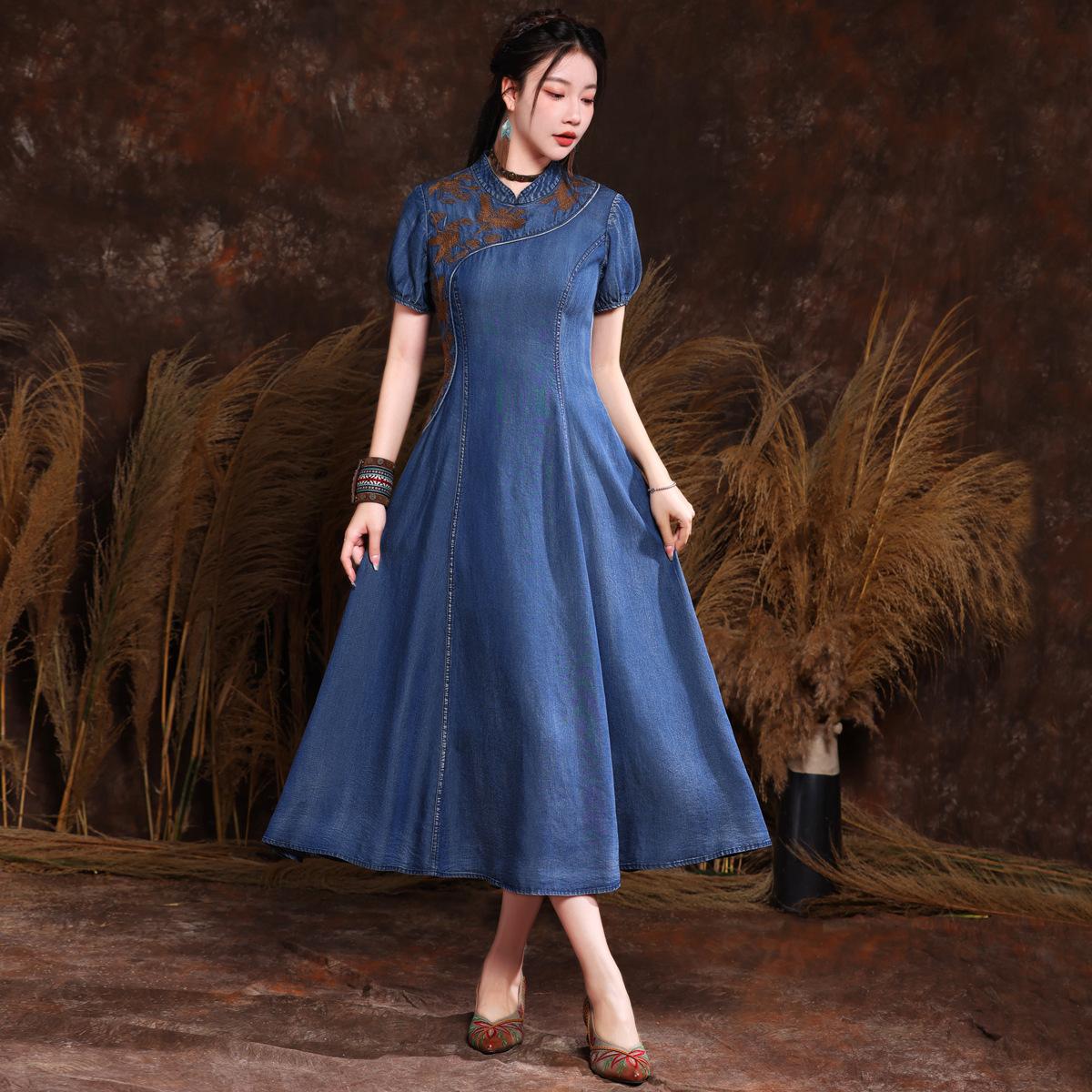 

Johnature Cheongsam в китайском стиле, винтажное повседневное платье, летнее женское платье с вышивкой и воротником с короткими рукавами XL темно-синий