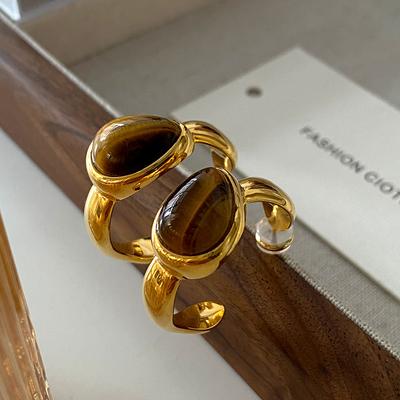 Letter C Stud Earrings Tiger'S Eye Stone Inlay Design High Sense Maillard Accessories Fashion Simple Retro Earrings