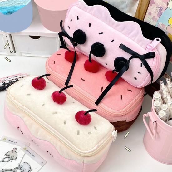 Cherry Cake Plush Pencil Pouch Large Capacity Stationery Case Cute Pen Holder for School Supplies Makeup Brushes
