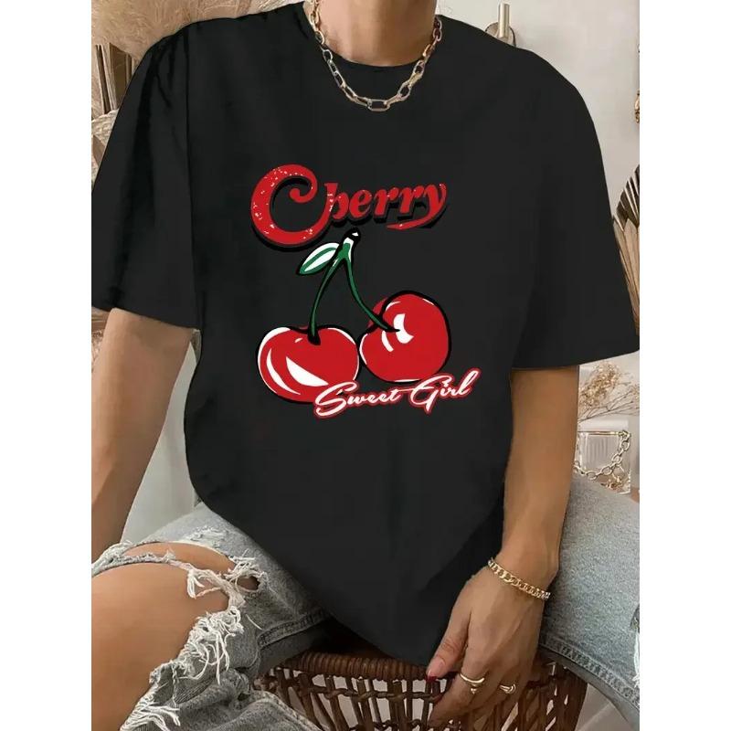 

Летний топ с круглым вырезом и 3D-принтом вишни, модная повседневная женская футболка с короткими рукавами XS