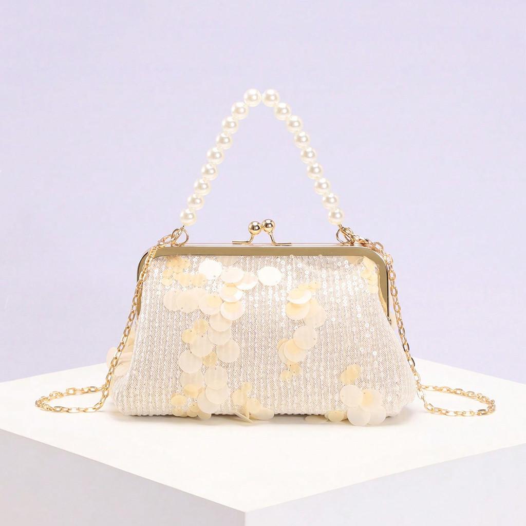 Shell Clutch Bag With Pearl Chain For Summer Vacation And Daily Use