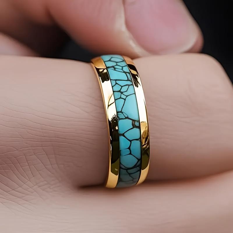 

Stylish Unisex 316L Stainless Steel Wedding Ring - Golden Plated with Simulated Turquoise Inlays, December Birthstone, Elegant Bohemian Design for Cas 6