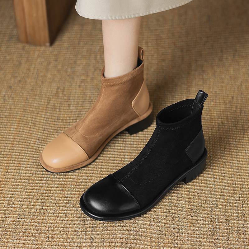 Krazing Pot Flock Autumn Winter Shoes Low Heels Size 43 Stretch Boots Back Patch Work Street Wear Elastic Ankle Boots