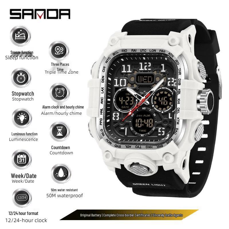 Sanda Men's Trendy Waterproof Multi-Functional Electronic Watches with Three-Time Zones for Casual Use