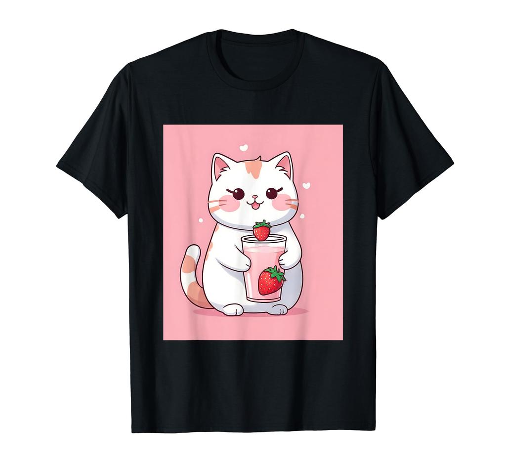strawberry things printed Kawaii, cat, milk, cute, Japanese, T-shirt