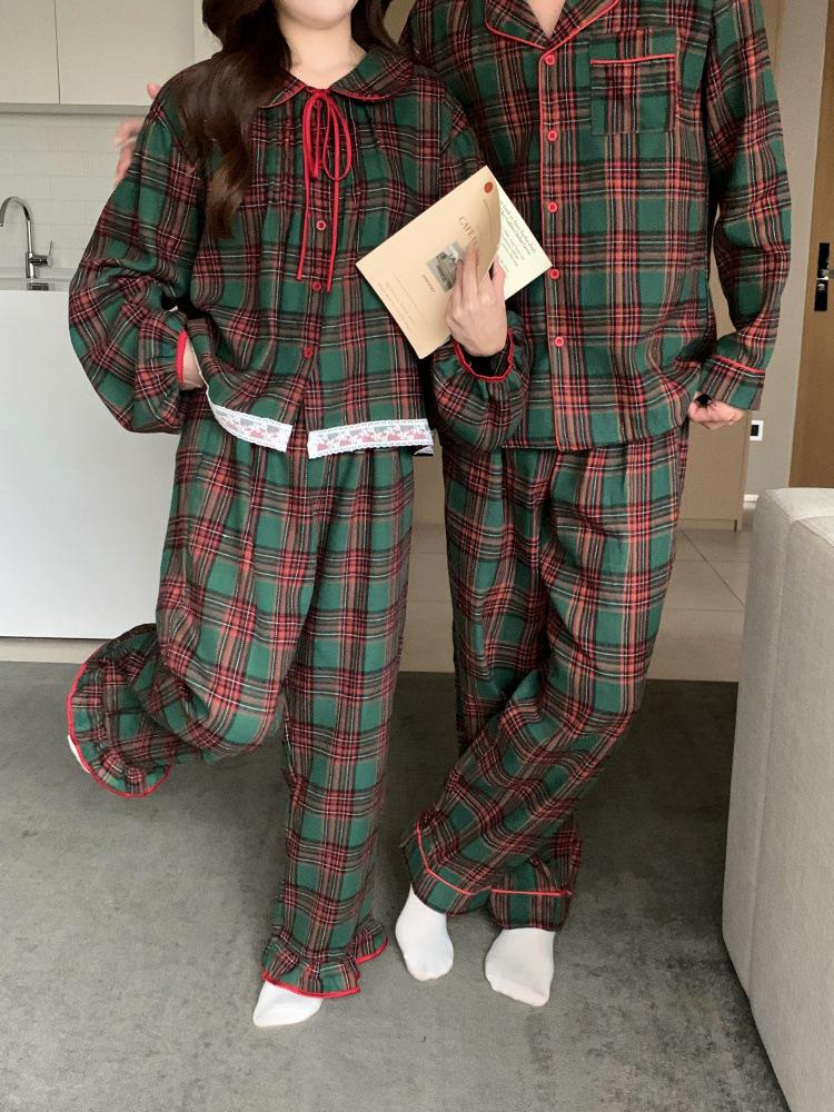 Vánoční kostkované párové pyžamo v korejském stylu s límečkem Petra Pana