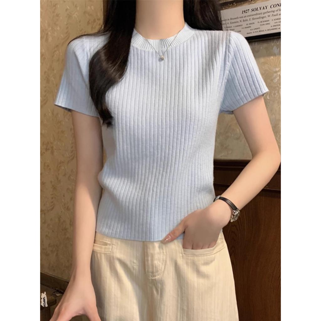 High-end Korean Pit Strip Short-sleeved Women's Spring and Summer Fashionable Solid Color Simple Foreign Style Thin Knitted T-shirt Top