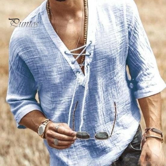 Summer Men Shirt Lace-up V Neck Mid Sleeves Loose Pure Color Pullover Retro Daily Wear Quick Dry Thin Casual Mid Length Top