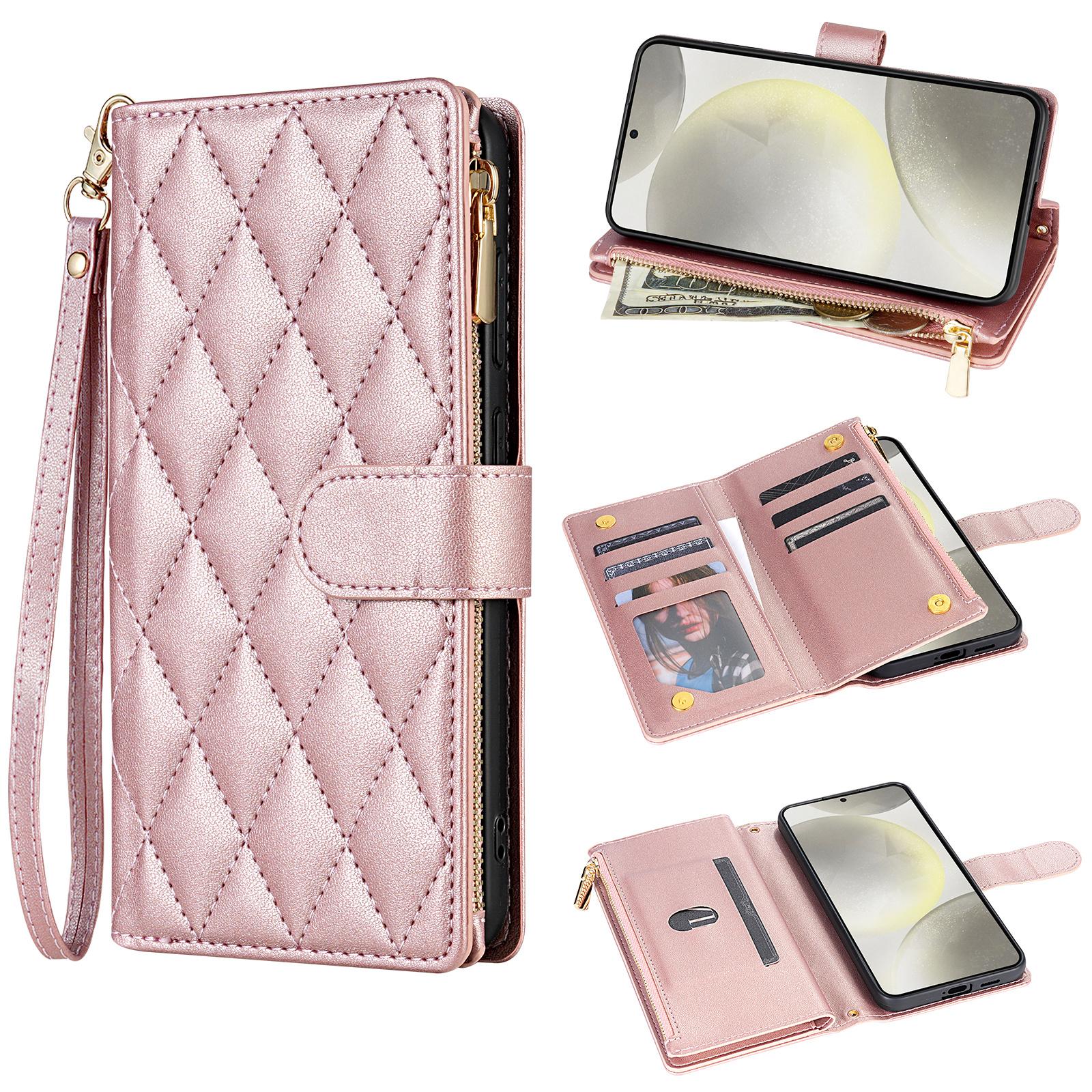 

For Samsung Galaxy A36 5G Case Rhombus Stitching Leather Wallet Phone Cover with Long/Short Strap Rose Gold